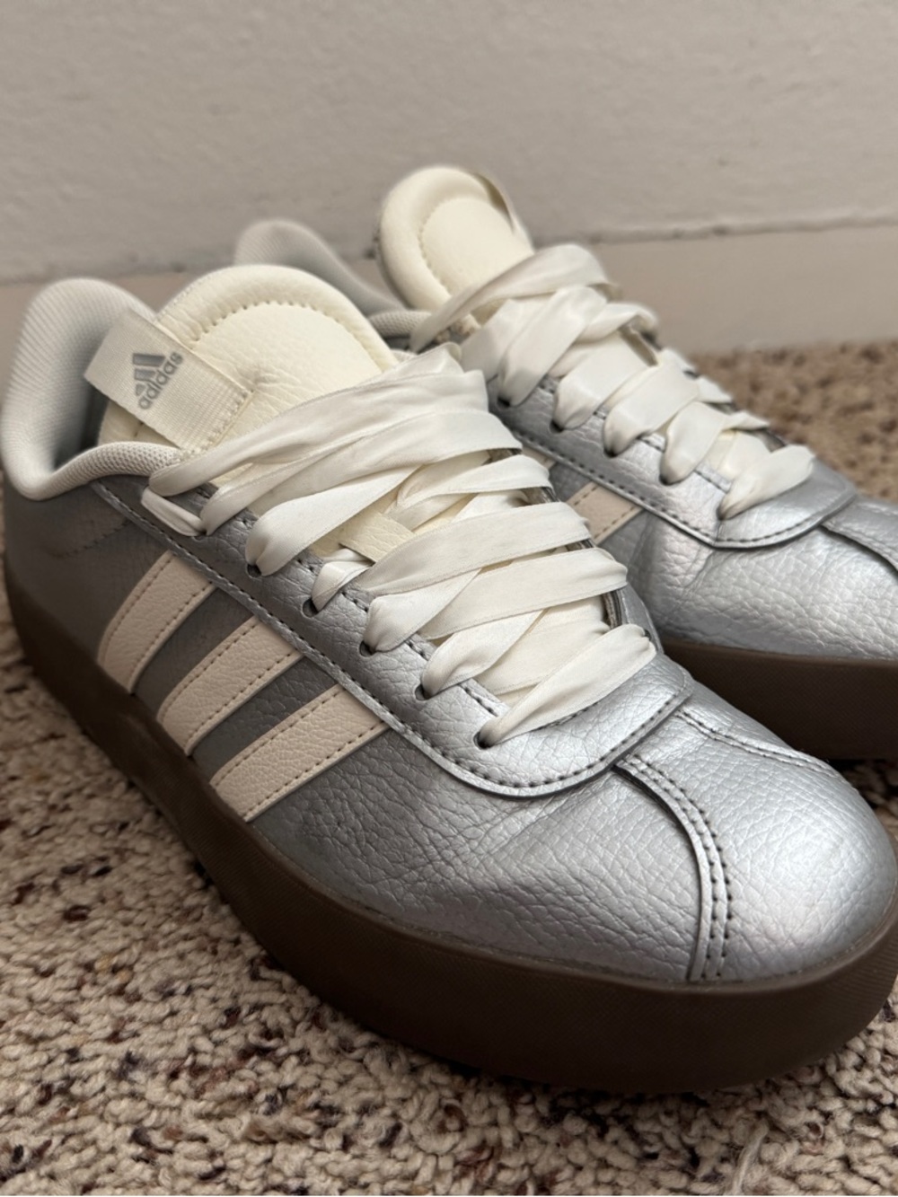 adidas VL Court 3.0 Silver Sneakers with Cream Stripes and Brown Platform